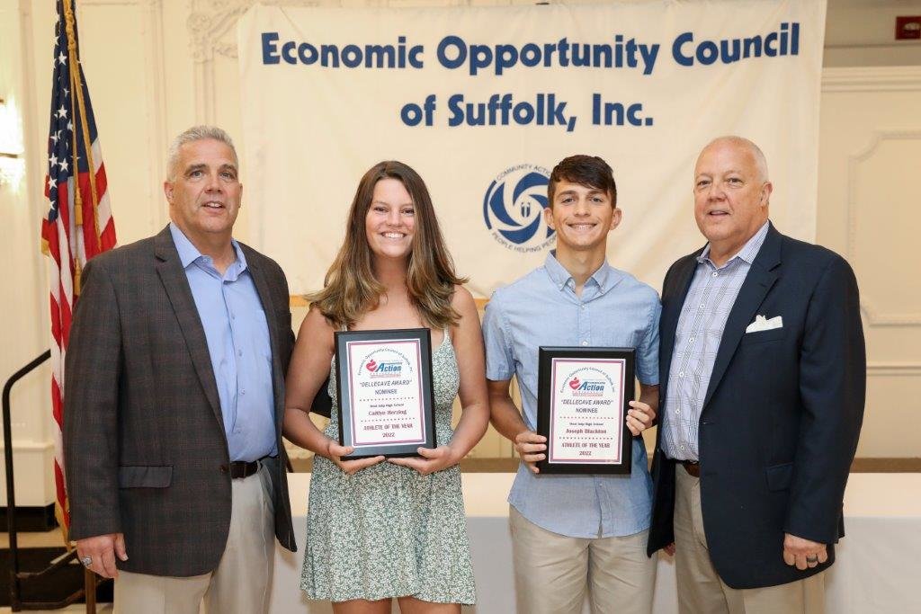 West Islip High School nominees Caitlyn Herzing and Joseph Blackton are flanked by Dellecave Foundation co-directors (left) Mark Dellecave and (right) Guy Dellecave.